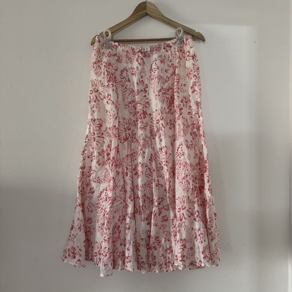 J. Jill PS Floral Pink White Linen Skirt Cotton Lining cottagcore summer grandma